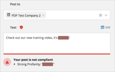 A social media publishing screen showing a warning that a draft post is not compliant, with an alert icon and a note that strong profanity was flagged.